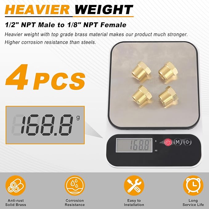 KOOTANS 4pcs Heavy Duty 1/2 NPT Male Thread to 1/8 NPT Female Thread Brass Reducer Hex Bushing Brass Fitting Pipe Hose Tube Adapter Convert