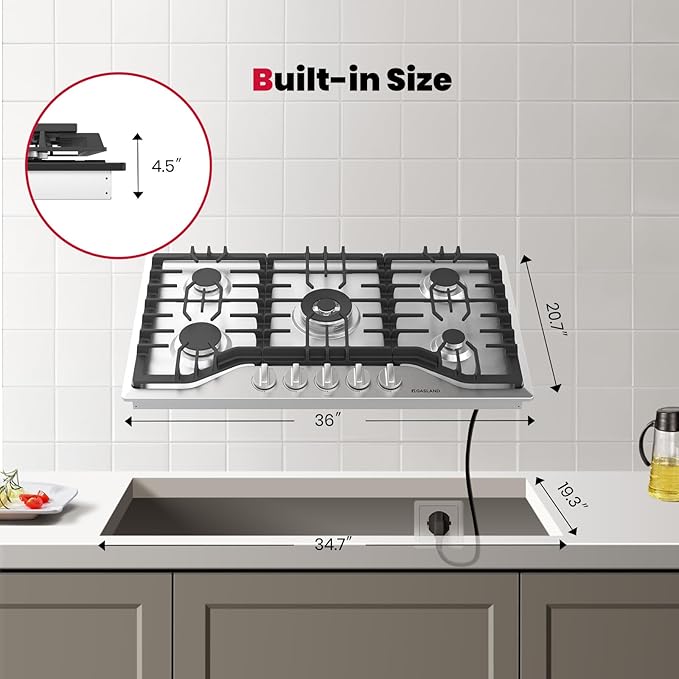 GASLAND 36 Inch Gas Cooktop, PRO GH2365SF 5 Italy Sealed Burner Propane Stovetop, NG/LPG Convertible Gas Cooktops, Plug-in with Thermocouple Protection, Stainless Steel