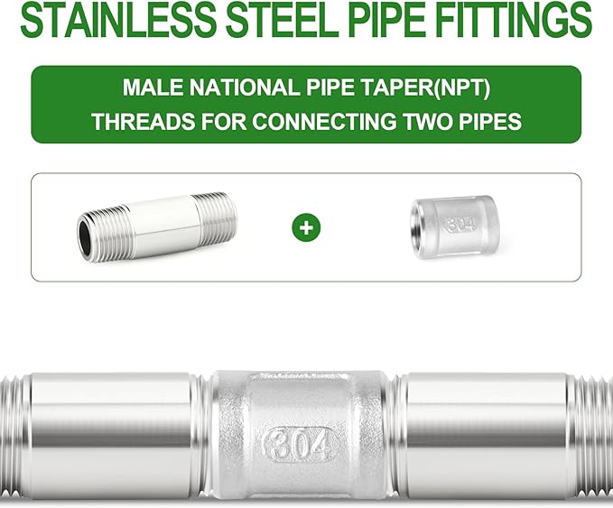 TAISHER 2PCS Stainless Steel Pipe Fittings, 1/2" NPT Male x 1/2" NPT Male Threaded, 2" Length Thickened Nipple Cast Pipe