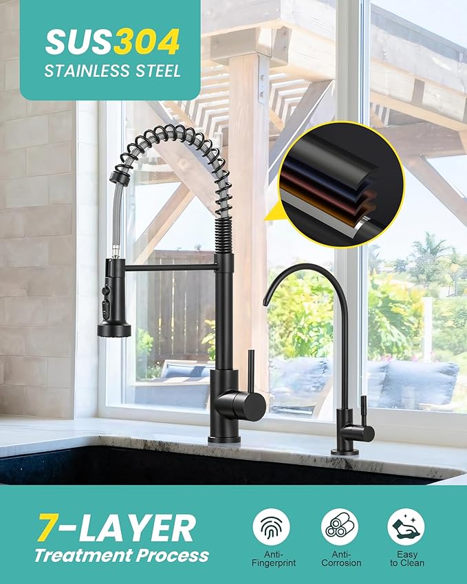 Kitchen Faucet and Water Filter Faucet: ARCORA Stainless Steel Kitchen Sink Faucet with Drinking Water Faucet - Black Single Handle Tap with Pull Down Sprayer for Kitchen Sink Farmhouse Bar