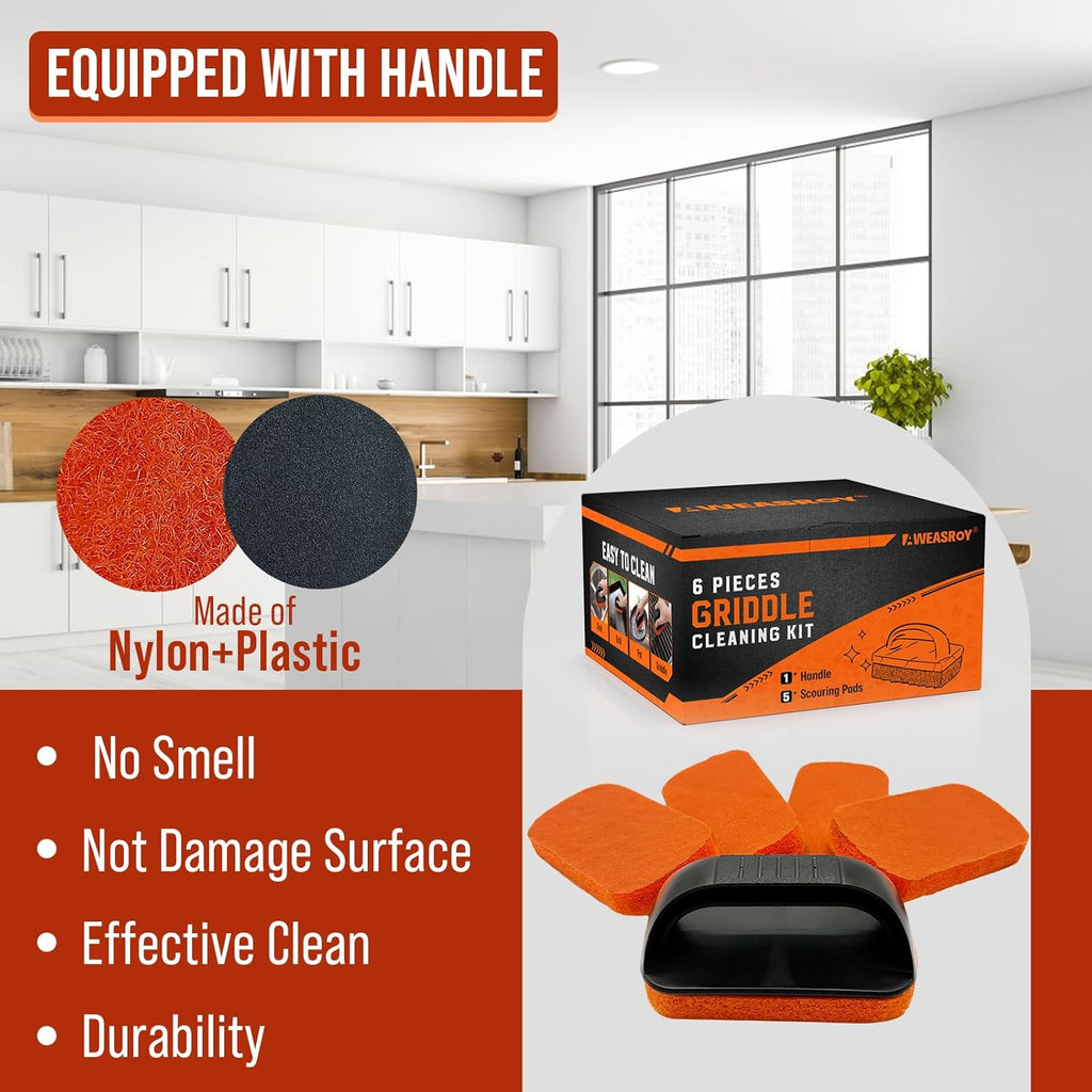 6-Piece Griddle Cleaning Kit for Blackstone, Flat Top Grill Cleaning Kit Non-Scratch Scouring Pads for Kitchen - 5 Scrubber Pads and 1 Handle