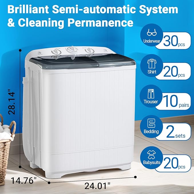 Portable 22 lbs Twin Tub Washing Machine with Drying Rack, 13 lbs Washer Mini Compact Laundry Machine and 9 lbs Spinner, Semi-automatic Washer Combo for Dorms, Apartments