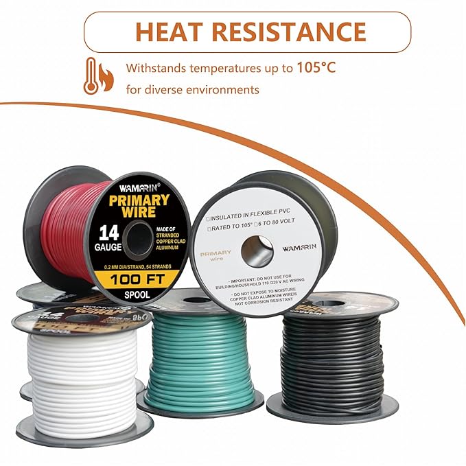 14 Gauge Wire Combo, 6 Roll Pack, 100ft Each (600ft Total) - Copper Clad Aluminium, Multi-Use, Insulated for Safety, Perfect for Home & Automotive