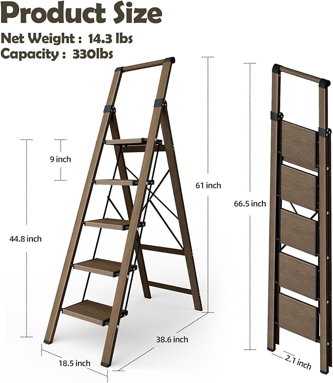 Taranta 5 Step Ladder, Portable Folding Ladder with Wide Pedal, Lightweight Aluminum Step Stool with Convenient Handgrip, 330 lbs Capacity Stepladder for Home, Office - Walnut