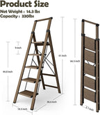 Taranta 5 Step Ladder, Portable Folding Ladder with Wide Pedal, Lightweight Aluminum Step Stool with Convenient Handgrip, 330 lbs Capacity Stepladder for Home, Office - Walnut
