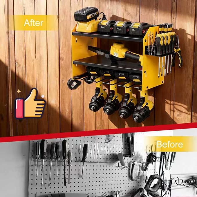 3 layers power tool organizer Loads 150lbs with 4 Cordless Drill Holder and 8 Outlet Power Strip,it’s good choice for husband birthday gift,yellow