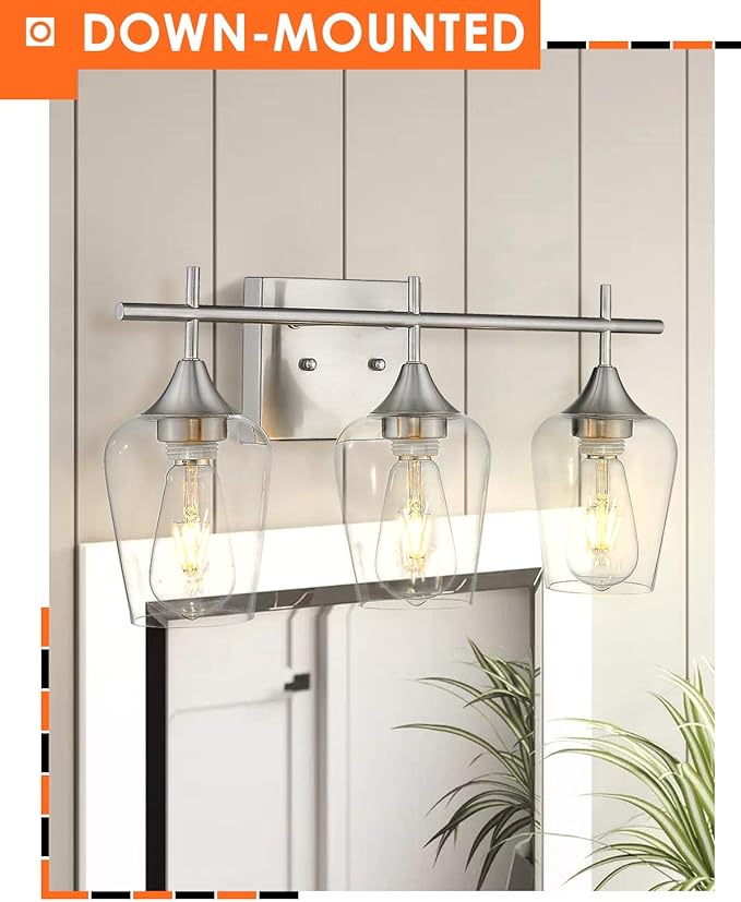 3 Light Bathroom Light Fixtures Over Mirror, 21 Inch Brushed Nickel Bathroom Vanity Lights, Modern Farmhouse Bath Wall Sconces with Clear Glass Shade, WL9167-3C