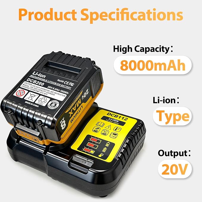 2-Pack 8000mAh 20V Max Lithium-Ion Battery & Charger Combo, High Capacity Replacement for DEWALT 20V MAX Battery Power Tools, Fast Charging Included