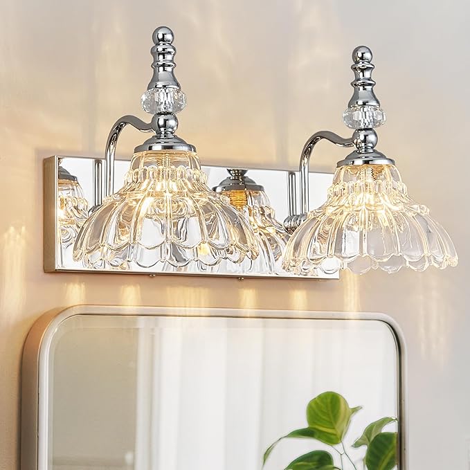 Vintage Bathroom Vanity Light, 2-Light Chrome Vanity Lighting Fixture with Flower Glass Shade, Bathroom Lighting Fixtures Over Mirror