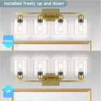 Modern Brushed Gold 4 Light Bathroom Light Fixtures, 24 inch Vanity Lights for Bathroom with Clear Glass for Mirror Kitchen Living Room Hallway Cabinet Porch
