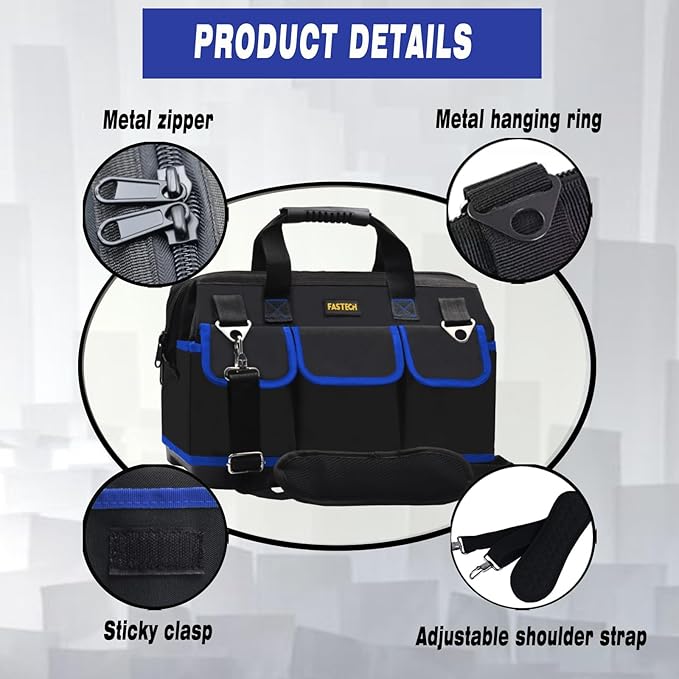 FASTECH 20 Inch Tool Bag, Waterproof Wide Mouth Tool Kit, Heavy Duty Tool Bag Organizer With Shoulder Straps and Molded Base, Tool Storage Package For Screwdrivers, Pliers, Nut Drivers (Blue20IN)