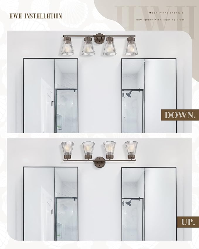 4-Light Bathroom Vanity Light, HWH Oil-Rubbed Bronze Bathroom Light Fixtures Farmhouse Vanity Lamp Over Mirror with Clear Striped Glass Shade, 5HZG97B-4W ORB