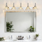 Vintage Bathroom Vanity Light, 5-Light Chrome Vanity Lighting Fixture with Flower Glass Shade, Bathroom Lighting Fixtures Over Mirror