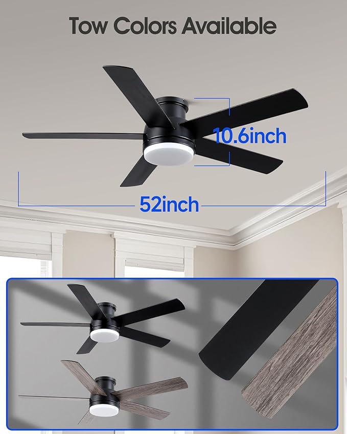 52 Inch Black Ceiling Fan With Lights Flush Mount Dimmable 3 Color Temperatures LED Remote Control 6 Speed Reversible DC Motor 5 Blades Modern Ceiling Fan Design for Indoor or Covered Outdoor
