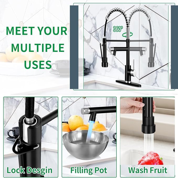 Smart Kitchen Faucet, 3 Modes Pull Down Sprayer, LED Temperature Control, Ceramic Valve,360-Degree Rotation,1 or 3 Hole Deck Plate,Double Spout. 10-Year Warranty. (KW-21NR, Brushed Nickel/Black)