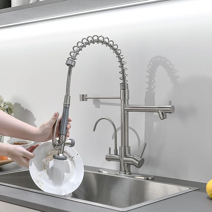 Fapully 3 in 1 Kitchen Faucet with Water Filler and Pull Down Sprayer,Brushed Nickel Commercial Kitchen Sink Faucet with Drinking Water Faucet