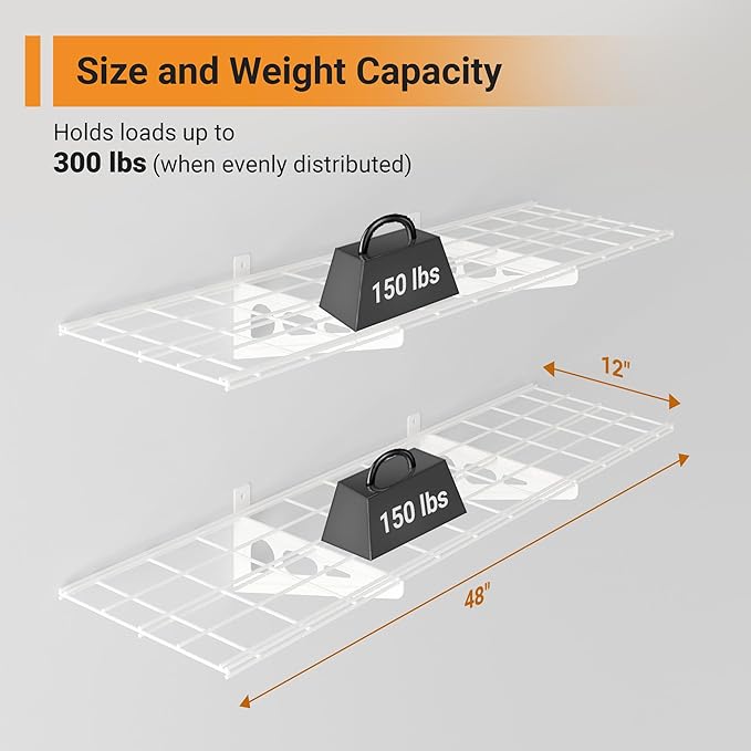1x4 ft Garage Shelving, 2-Pack Wall-Mounted Shelves for Garage, Kitchen, Pantry Storage, 300 lbs Total Load Capacity Wall Shelving, White