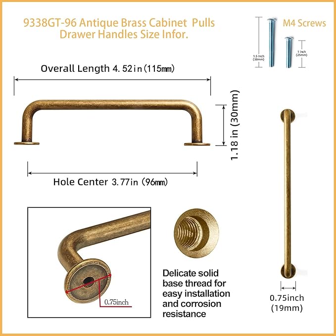 Goo-Ki 6 Pack Antique Brass Cabinet Drawer Pulls - 3.78"(96mm) c-c Vintage Retro Brass Bar Handles Pull Zinc Alloy for Cupboard Kitchen Hardware
