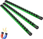 Magnetic Socket Organizer, 3-Piece Heavty Duty Aluminum Socket Holder, Socket Rail for Tool Box, Premium Quality 360° Swivel Socket Rack with 42 Clips for 3/8-Inch(Green)