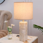 20.75" White Ceramic Lamps Set of 2 with Floral Design, Farmhouse White Table Lamp for Living Room, Bedroom, Beige Lamps for Nightstands Set of 2