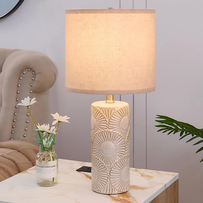 20.75" White Ceramic Lamps Set of 2 with Floral Design, Farmhouse White Table Lamp for Living Room, Bedroom, Beige Lamps for Nightstands Set of 2