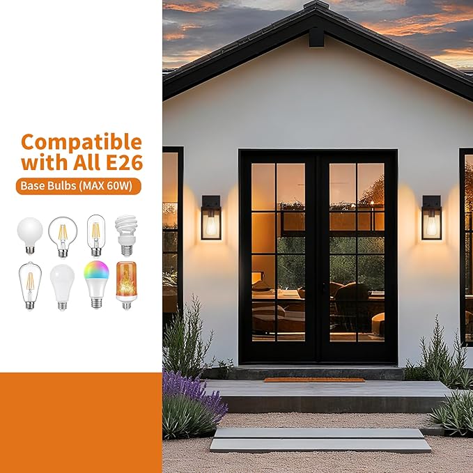 Outdoor Light Fixtures Wall Mount, Waterproof Front Porch Lights, Modern Exterior Lighting Fixtures with E26 Socket, Black Wall Sconces Lantern Lamp, Outside Lights for House, Garage, Patio (2 Pack