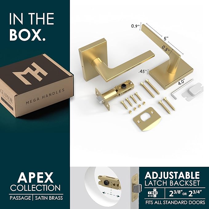 Mega Handles Apex Passage Door Handle - 1 Pack Reversible Gold Door Handle, Heavy Duty No Lock Door Handles Interior for Closet & Hallway, Fits All Standard Door Sizes - Satin Brass