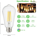 Depuley LED Light Bulbs E26: Chandeleir Lights Bulb 6W Equivalent 60W - Edison Vintage Bulbs Warmlight 2700K ST58 Clear Glass Bulb 800LM 80+CRI Non-Dimmable 6-Pack