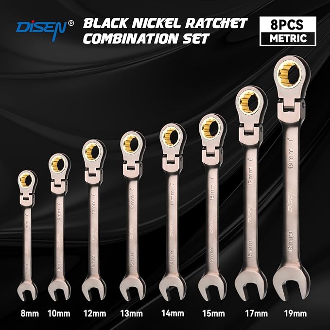 DISEN 90 Teeth Ratchet Wrenches Set 8 Pieces, Flex Head Ratcheting Wrench Set Metric 8 10 12 13 14 15 17 19MM, Nickel Plating Cr-V Constructed with Organizer Rack