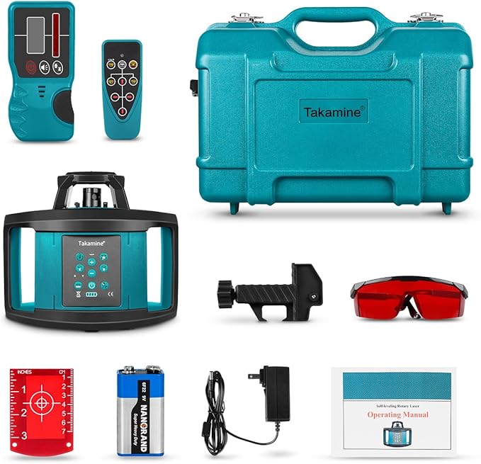 Takamine Rotary Laser Level Kit, Red Beam 635nm Wavelength, 800M Measuring Range, Horizontal/Vertical Self-Leveling, 5 Scan Angle and Rotation Speed Adjustment, Includes Remote Control, Receiver.