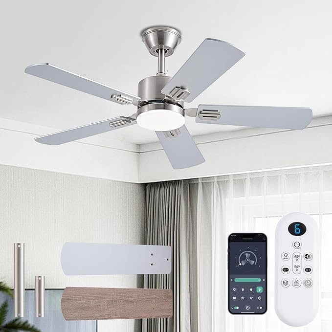 42 inch Modern Ceiling Fans with Lights APP/Remote Control, Low Profile Reversible 6 Speeds Dimmable Ceiling Fan Light for Indoor/Outdoor Bedroom Living Room（Nickel）