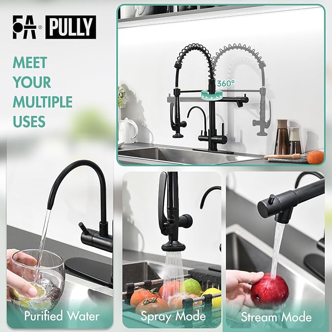 Fapully Commercial Kitchen Faucet with Pull Down Sprayer and Water Filter, Matte Black 3 in 1 Kitchen Faucets with Drinking Water Faucet