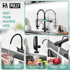 Fapully Commercial Kitchen Faucet with Pull Down Sprayer and Water Filter, Matte Black 3 in 1 Kitchen Faucets with Drinking Water Faucet