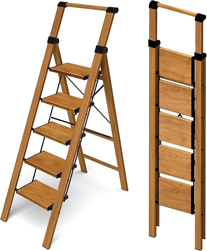 Taranta 5 Step Ladder, Portable Folding Ladder with Wide Pedal, Lightweight Aluminum Step Stool with Convenient Handgrip, 330 lbs Capacity Stepladder for Home, Office - Woodgrain