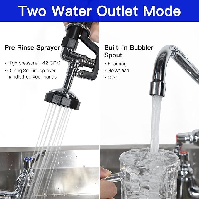 Commercial Kitchen Faucet 47" Height Wall Mount with Pull Down Sprayer 8" Center Wall Mount Kitchen Sink Faucet with 14" Add-on Swing Spout Pre Rinse Faucet for Commercial Kitchen Sink