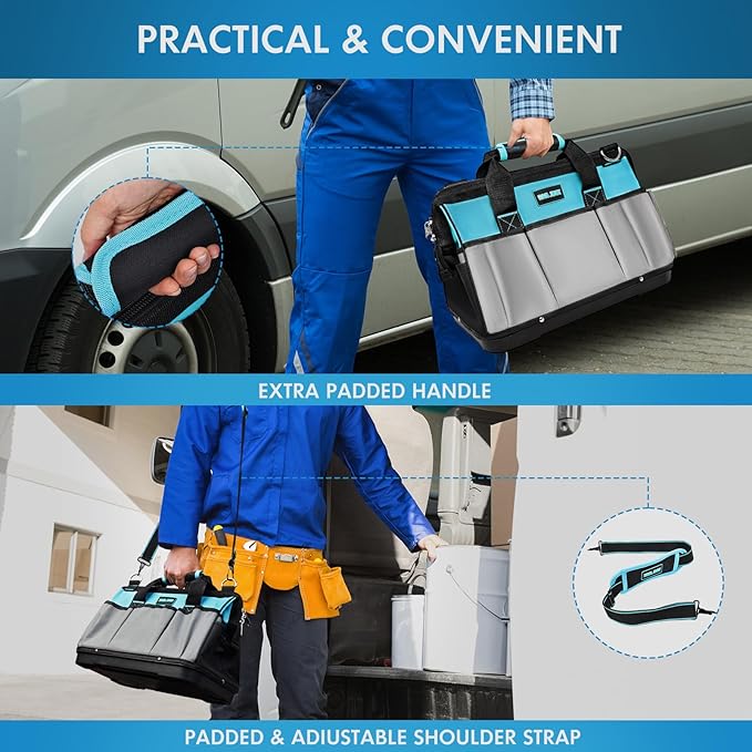 16 Inch Tool Bag Heavy Duty Tool Box Organizer, Portable Tool Organizers and Storage Bag, Tactical Toolbox with Anti-Slip Base & Adjustable Strap for Electrician, DIYer, HVAC, Mechanic