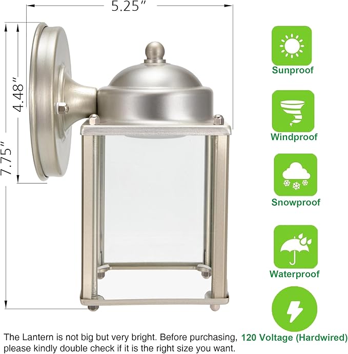 LIT-PaTH Outdoor LED Wall Lantern, Wall Sconce as Porch Lighting Fixture, 5000K Daylight White, 9.5W 800 Lumen, Aluminum Housing Plus Glass, Nickel Finish-2 Pack