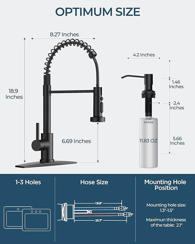 FORIOUS Black Kitchen Faucet with Soap Dispenser, Stainless Steel Single Handle Modern Spring Commercial Sink Faucet with Pull Down Sprayer for Laundry & Utility Room RV Camp Bar Farmhouse