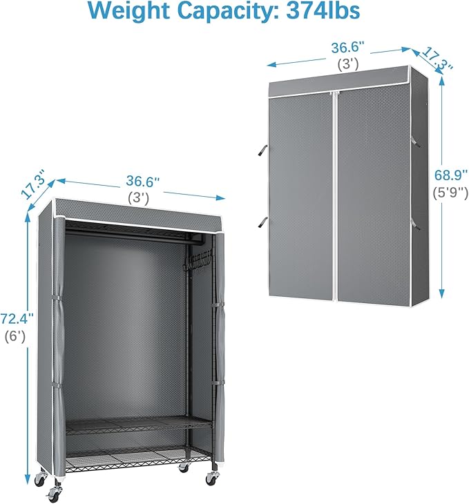 VIPEK R3C Rolling Clothes Rack with Cover Portable Closet for Hanging Clothes, Heavy Duty Garment Rack Clothing Racks with Wheels& Hanging Rod, Black Racks with Grey Upgraded Polyester Cover