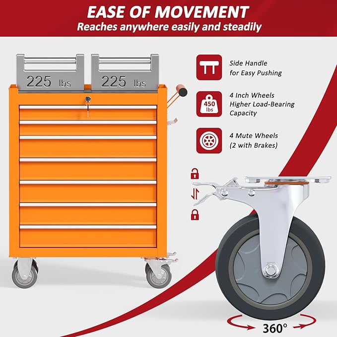 7 Drawers Rolling Tool Chest with Wheels, Portable Rolling Tool Boxes with Wheels, Tool Box Storage Cabinet with Locking System for Workshop(Orange, 7 Drawers)