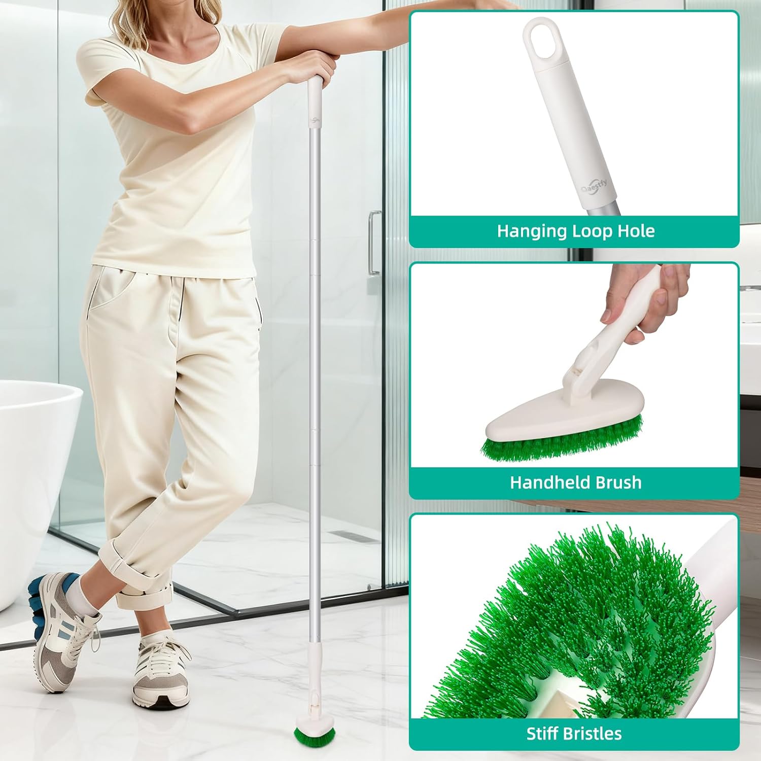 Qaestfy 4-in-1 Shower Scrubber for Tub and Tile, 51'' Long Handle Bathroom Cleaning Brush with Soft & Stiff Bristles, Non-Scratch Cleaner for Bathtub and Floor