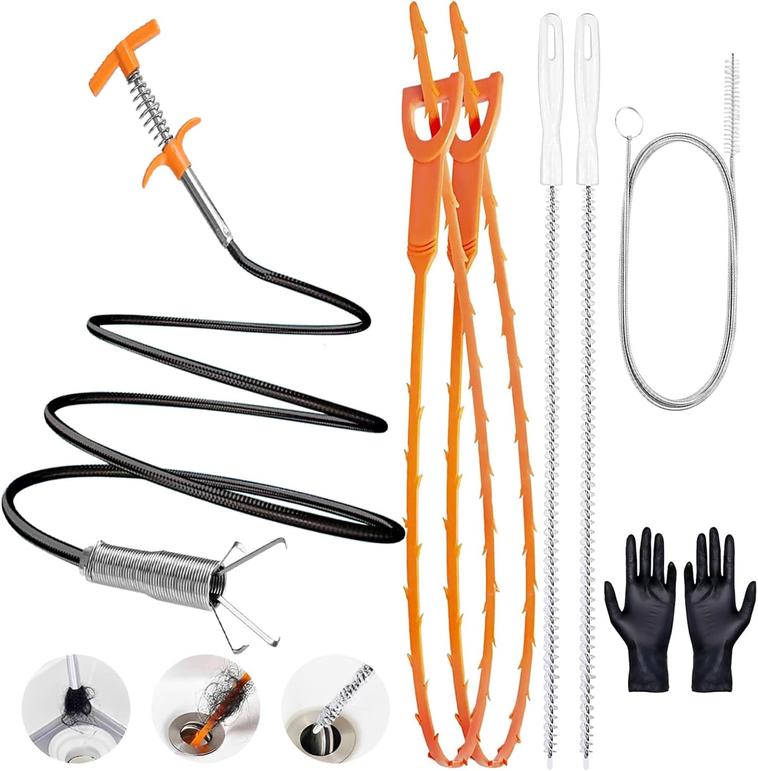 Drain Snake Tool Set, 61in Flexible Grabber Tool 1 Pcs, Hair Drain Clog Remover 2 Pcs, Cleaner Brush Tool 2 Pcs, Spring Unclogger (1 Pcs) for Toilet Sink Sewer Bathroom Tub Clogged, Car, Fridge