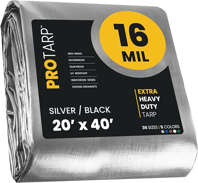 PROTARP Extra Heavy Duty 16 Mil Tarp Cover, Waterproof, UV Resistant, Rip and Tear Proof, Poly Tarpaulin with Reinforced Edges for Roof, Camping, Patio, Pool, Boat. (Silver/Black 20′ X 40′)