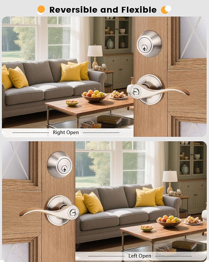 Gobrico Wave Entry Door Levers and Single Cylinder Deadbolt Combination Lockset Brushed Nickel Finished Keyed Alike Entrance Door Locks Front Door Leversets 3Pack