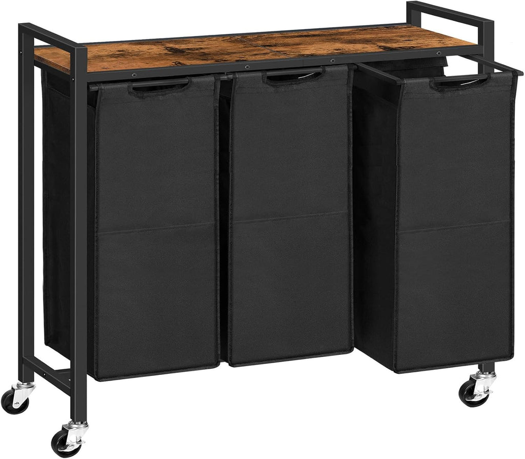 HOOBRO Laundry Sorter 3 Section, Laundry Hamper with Wheels, 3 × 11.5 Gal (43.5 L), Rolling Laundry Basket, Pull-Out and Removable Oxford Fabric Laundry Bags, Rustic Brown and Black BF76XY01