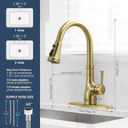 WEWE Vintage Kitchen Faucet with Pull Down Sprayer, Stainless Steel 1 or 3 Hole High Arc Single Handle Antique Sink Faucet for Classic Modern Ktichen, Gold