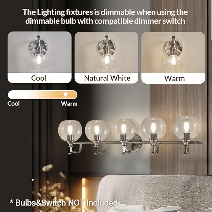 ANDY STAR 5-Light Brushed Nickel Bathroom Light Fixture, 35" Large Wall Sconce, Glass Globe Design, Perfect for Large Bathrooms, Double Vanities, Elegant Linear Design