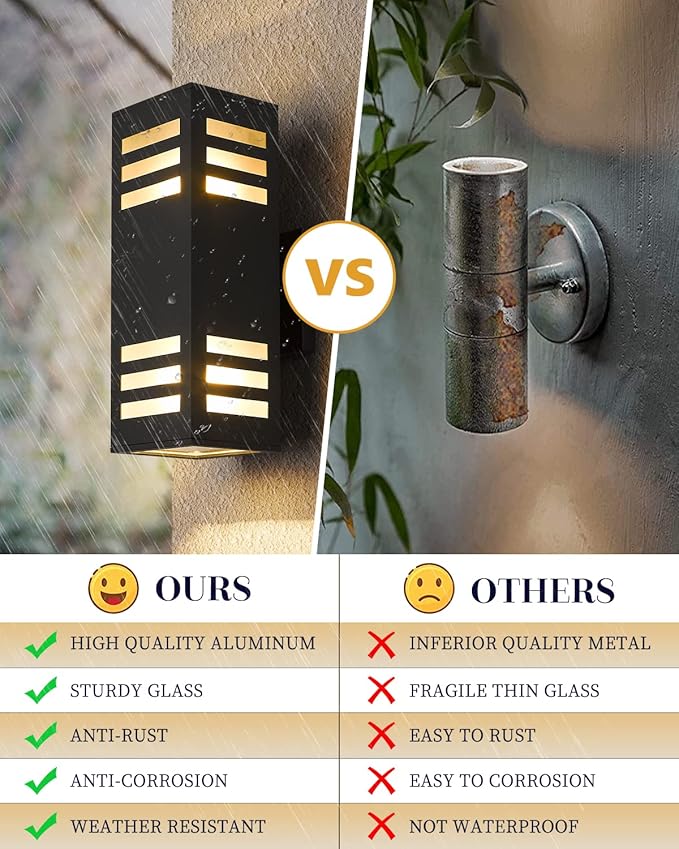 harriet Porch Lights Outdoor Modern - IP64 Waterproof Aluminum and Tempered Glass Cover, 13" Rectangular Up/Down Wall Sconce for Porch, Garage & Patio, Exterior Lighting, Black