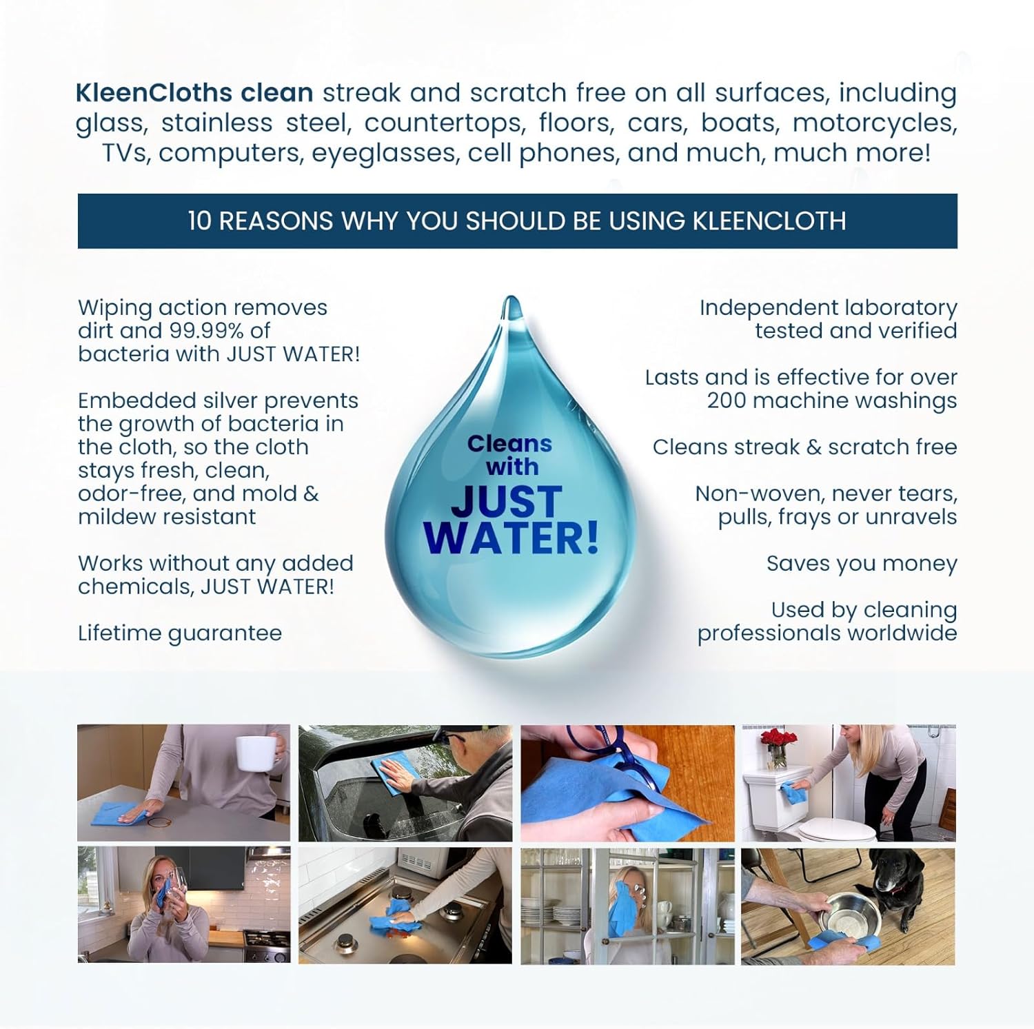 Reusable Antibacterial Cleaning Cloths – Removes 99.99% of Bacteria with Just Water | Silver-Embedded, Chemical, Odor, Streak & Scratch-Free for All Surfaces | 2 Pack