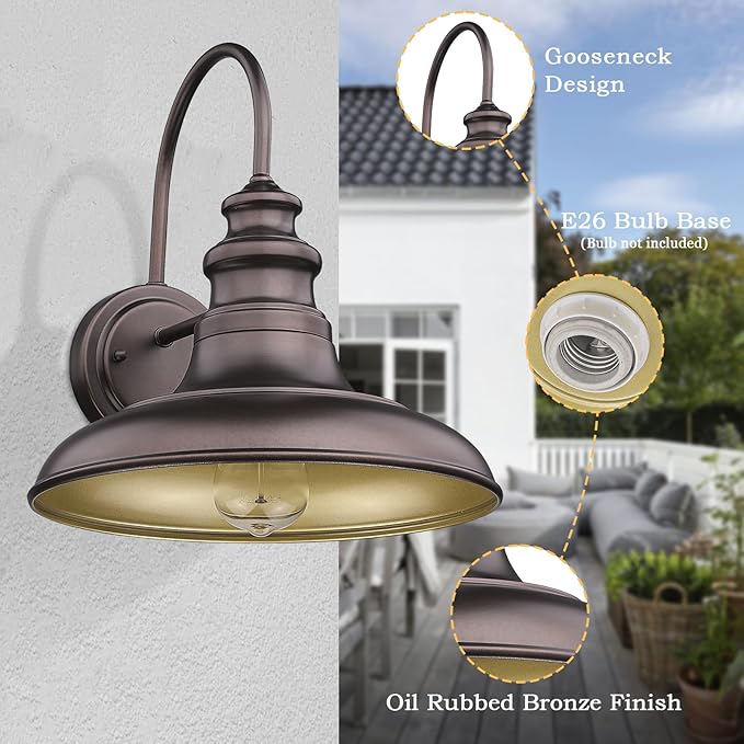 Outdoor Barn Light Fixture Farmhouse Wall Mount Light Gooseneck Wall Sconce Exterior Wall Lighting Fixture Industrial Bronze Finish Lantern for Porch with Gold Interior, 2Pack, RZ004-2PACK ORB